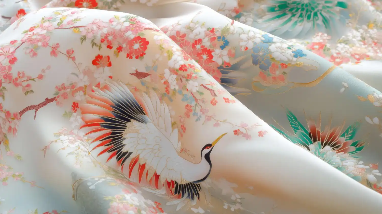 Detalhes do tecido do kimono japonês com estampa de pássaros e flores, destacando a história do tecido do seda imperial até o fast fashion.