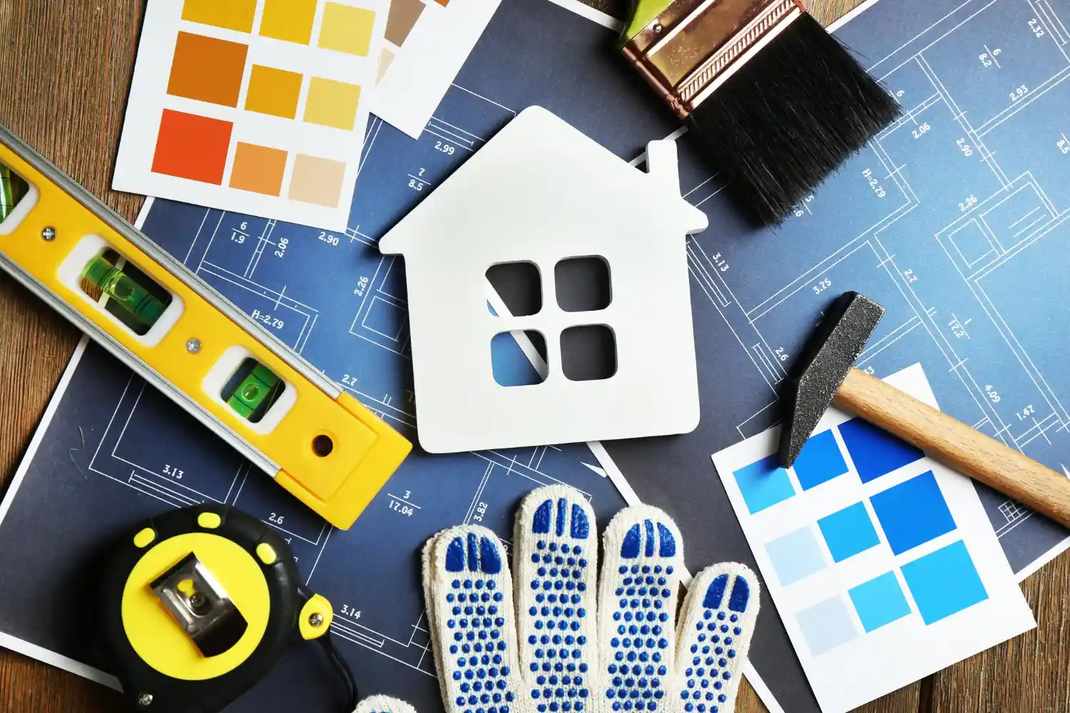 Materiais e equipamentos para construção e decoração industrial, incluindo plantas, ferramentas, tinta, e elementos decorativos, destacando a importância da qualidade na obra.