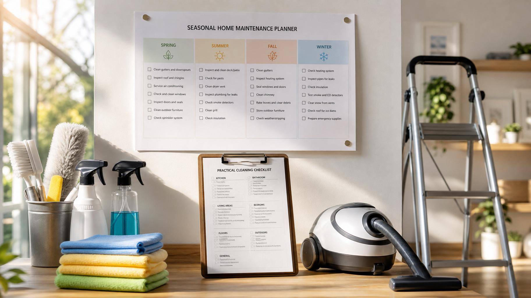 Checklist de manutenção anual em casa com ferramentas de limpeza sob luz natural
