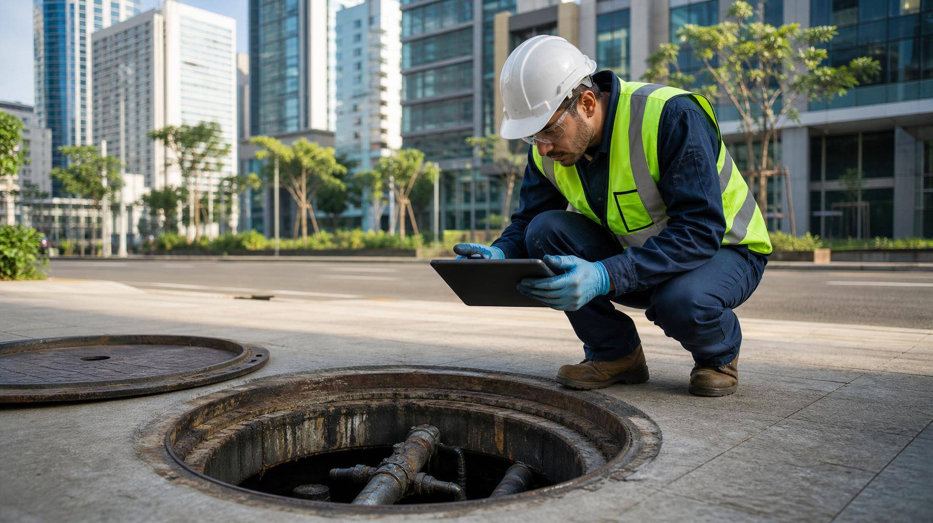 Técnico inspeciona rede de esgoto urbana