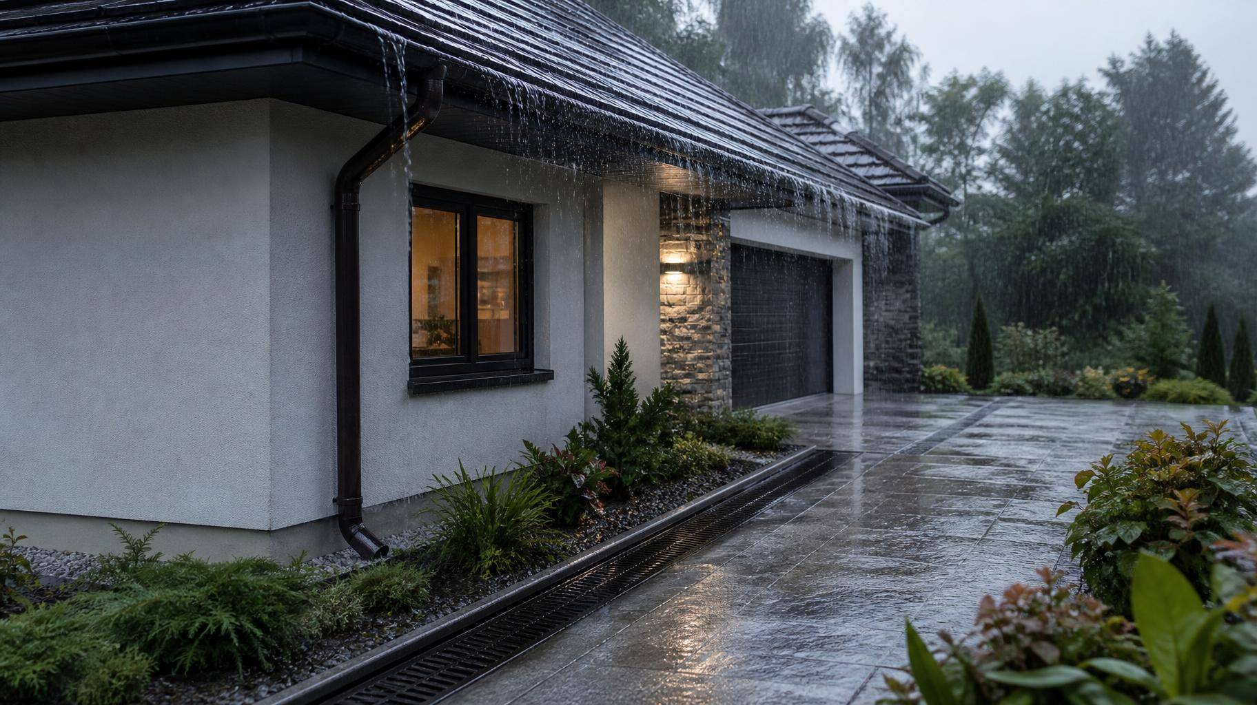 Casa com calhas e drenagem eficiente durante forte chuva