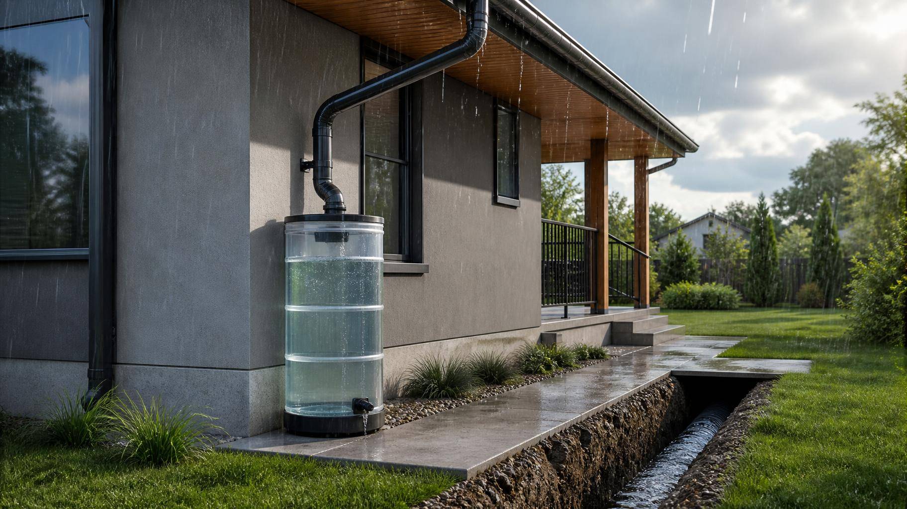 Casa moderna com sistema de captação de água da chuva e calhas dimensionadas