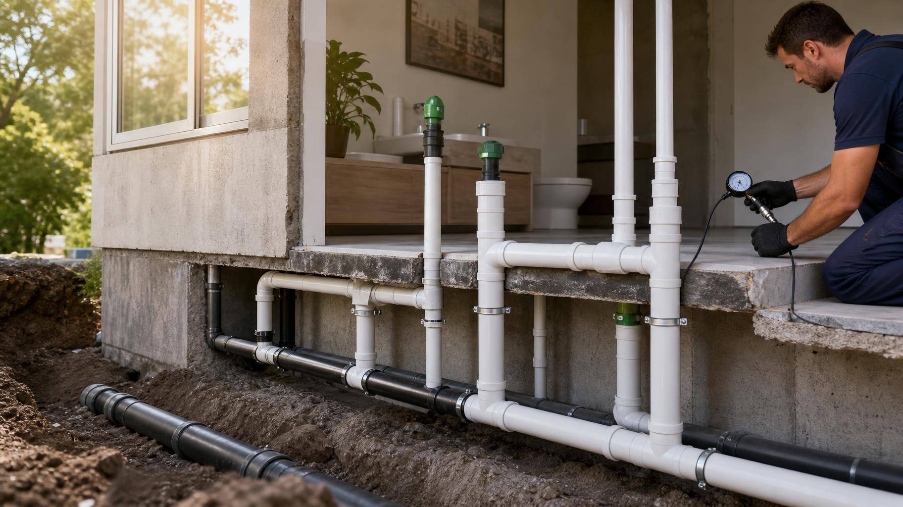Corte de parede mostrando tubulações sanitárias e técnico inspecionando