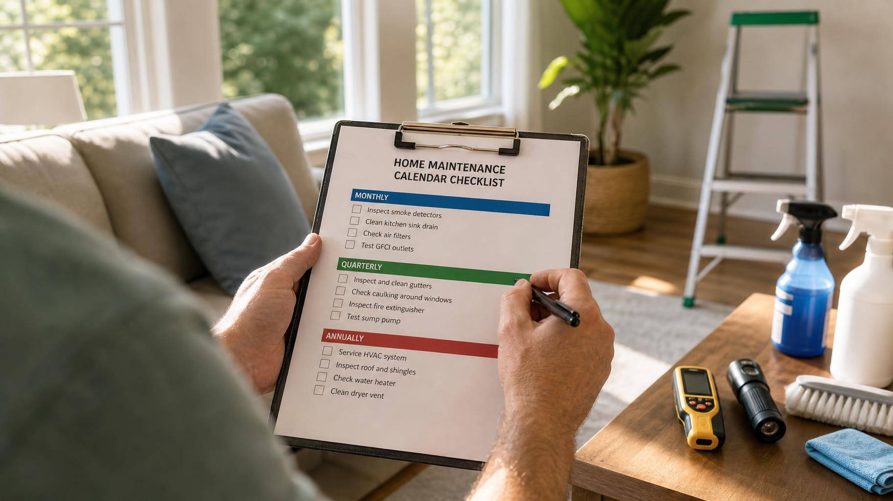 Morador marcando calendário de manutenção preventiva da casa