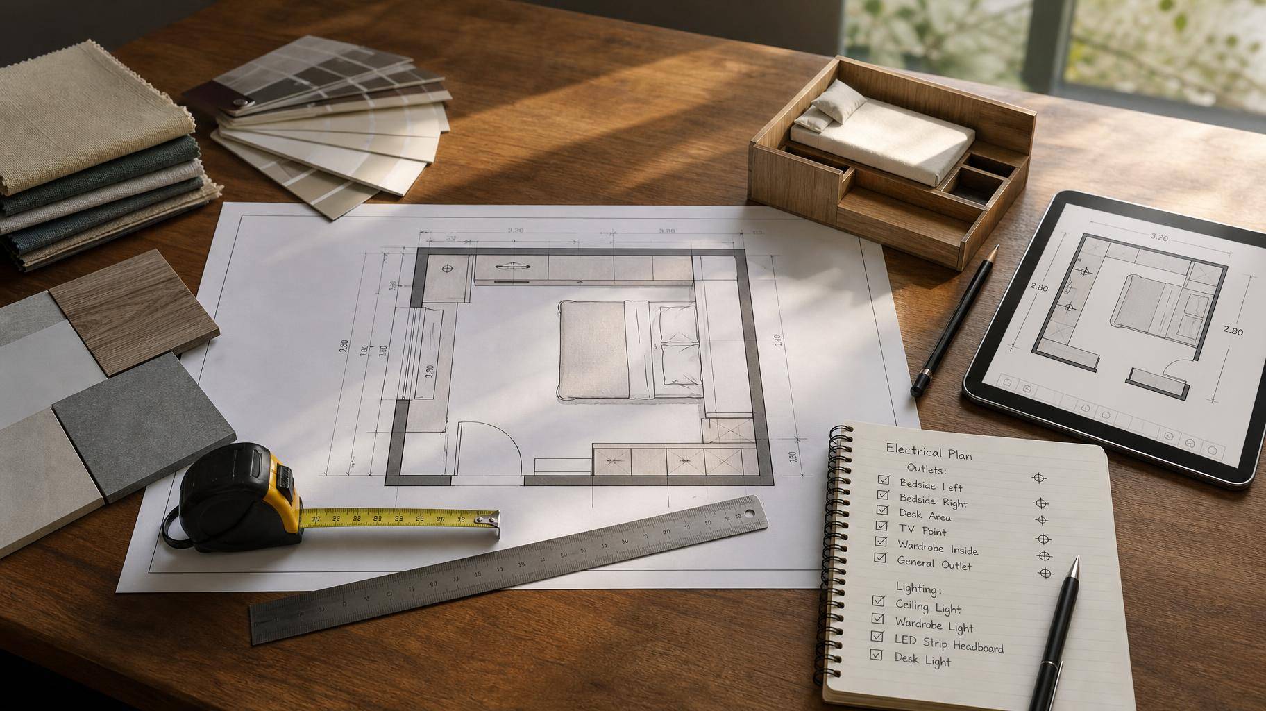 Planejamento de quarto com planta, fita métrica e checklist