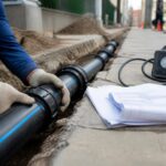 Trincheira aberta em calçada urbana com tubulação PEAD sendo instalada, blueprint e equipamentos de teste ao lado