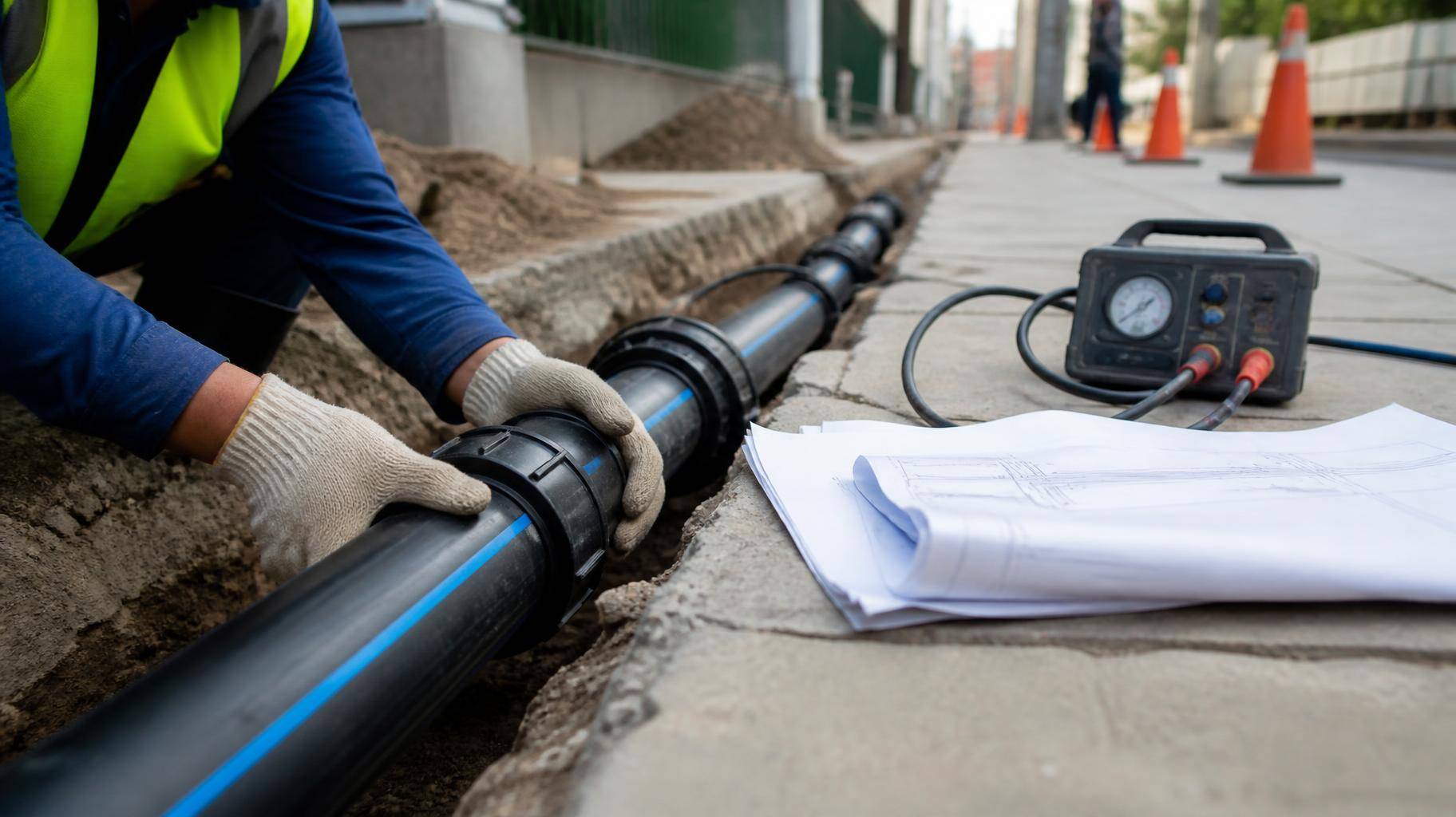 Trincheira aberta em calçada urbana com tubulação PEAD sendo instalada, blueprint e equipamentos de teste ao lado