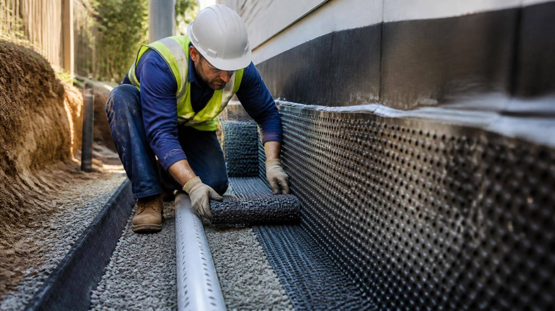 Operário instalando sistema de drenagem francesa e geocomposto ao redor da fundação de uma casa em reforma.